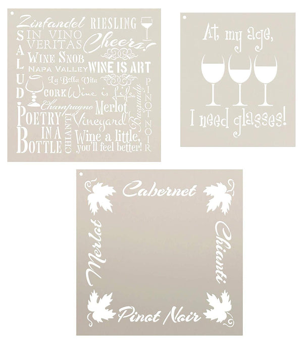 Wine Stencil Set - 3 Part by StudioR12 | Reusable Mylar Template | Use to Paint Wood Signs - Pillows - DIY Wine Lovers Decor