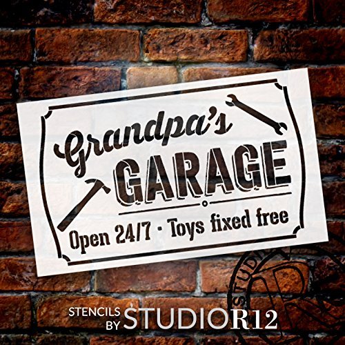 Grandpa's Garage - Open 24/7 Sign Stencil by StudioR12 | Reusable Mylar Template | Use to Paint Wood Signs - Pallets - DIY Grandpa Gift - Select Size (16