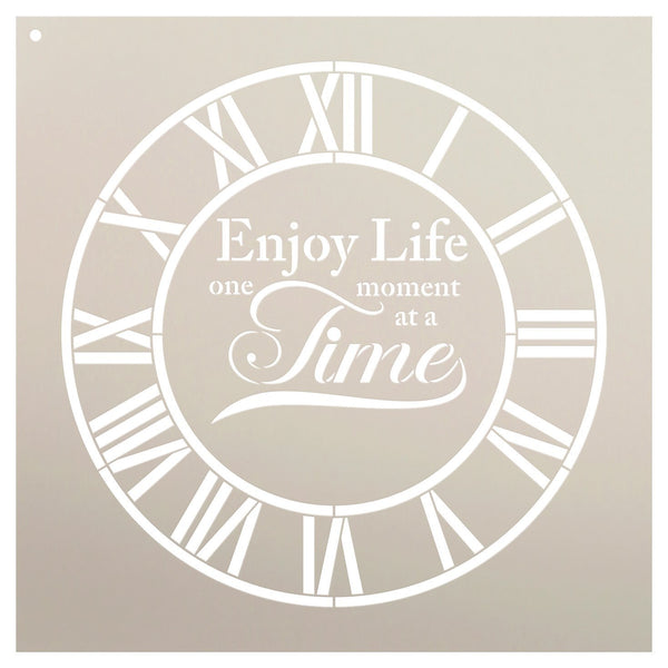 Round Clock Stencil - Industrial Roman Numerals - Enjoy Life One Moment at a Time Letters - DIY Paint Wood Clock Home Decor - Select Size | STCL2433