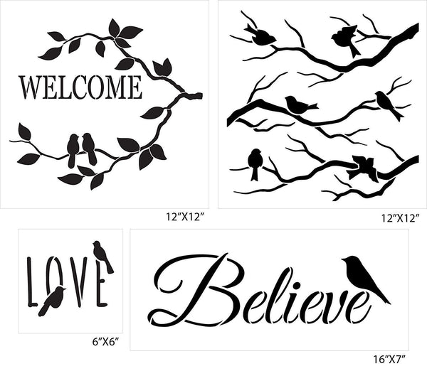 Birds of Expression and Love Welcome Stencil Set - 4 Piece Set by StudioR12 | Reusable Mylar Template | Use to Paint Wood Signs - Walls - Wreaths - DIY Home Decor