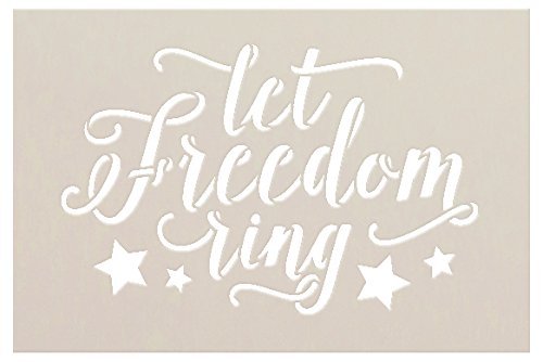 Let Freedom Ring Stencil with Stars by StudioR12 Script Style Reusable Word Template for Painting on Wood DIY Home and Porch Decor Patriotic Americana 4th of July Mixed Media Select Size