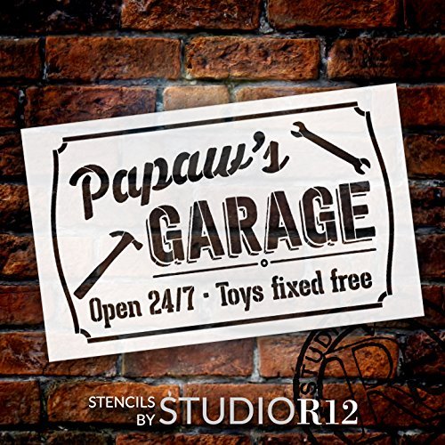 Papaw's Garage - Open 24/7 Sign Stencil by StudioR12 | Reusable Mylar Template | Use to Paint Wood Signs - Pallets - DIY Grandpa Gift - Select Size (25