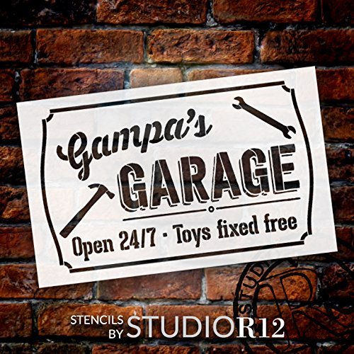 Gampa's Garage - Open 24/7 Sign Stencil by StudioR12 | Reusable Mylar Template | Use to Paint Wood Signs - Pallets - DIY Grandpa Gift - Select Size (12