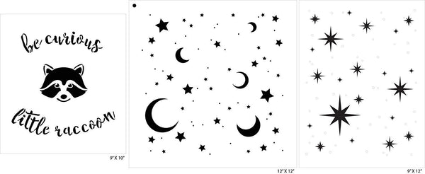 Be Curious Little Raccoon Moon and Stars Stencil Set - 3 Piece by StudioR12 | Reusable Mylar Template | Use to Paint Wood Signs - Walls - Tables - DIY Child's Bedroom Wall | Playroom