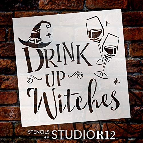 Drink Up Witches Stencil with Hat by StudioR12 | DIY Fun Halloween Wine Kitchen & Home Decor | Craft & Paint Wood Signs | Select Size | STCL3455