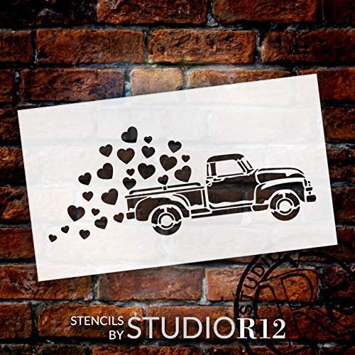 Old Truck Valentine with Hearts Stencil by StudioR12 | Paint Wood Sign | Rustic Farmhouse Holiday | Craft DIY Vintage Home Decor | Select Size | STCL3293