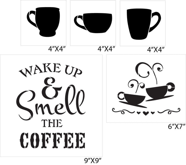 Wake Up and Smell The Coffee with Cups Stencil Set - 5 Piece by StudioR12 | Reusable Mylar Template | Use to Paint Wood Signs - Walls - DIY Modern Farmhouse Decor