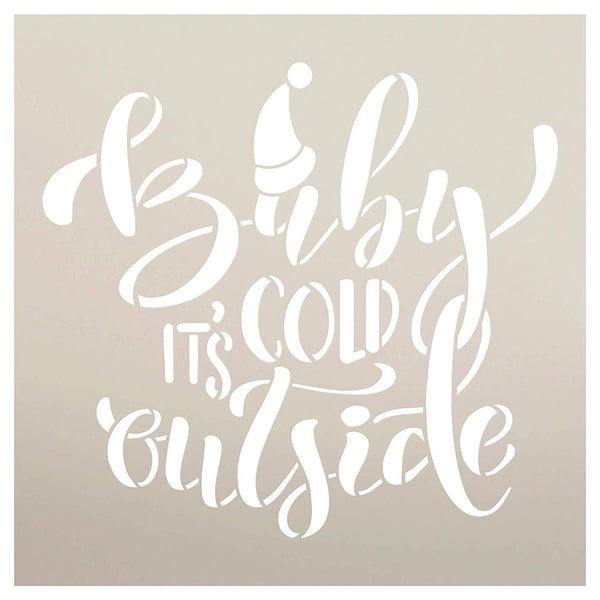 Baby It's Cold Outside Stencil with Santa Hat by StudioR12 | DIY Christmas Song Lyric Home Decor | Holiday Script Quote Word Art | Craft & Paint Wood Sign | Reusable Mylar | Select Size