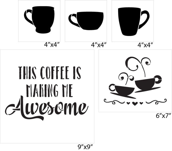 This Coffee is Making Me Awesome Coffee Cup Set - 5 Piece by StudioR12 | Reusable Mylar Template | Use to Paint Wood Signs - Walls - Tables - DIY Kitchen Decor