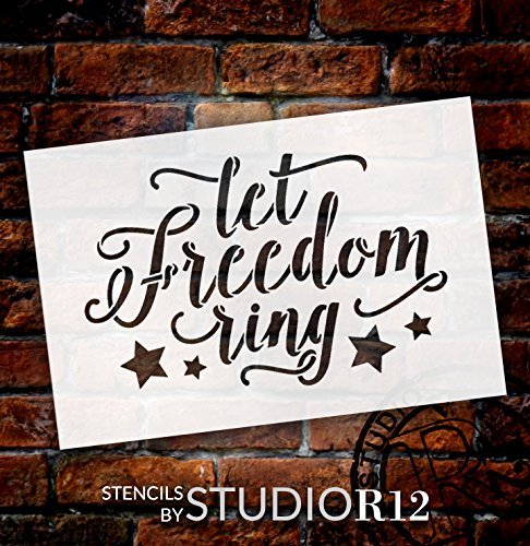 Let Freedom Ring Stencil with Stars by StudioR12 | Script Style | Painting on Wood DIY Home and Porch Decor Patriotic Americana 4th of July | Select Size | STCL2512