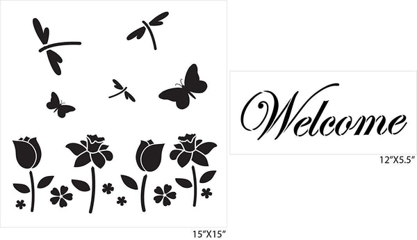 Field of Flowers Welcome Stencil Set - 2 Piece by StudioR12 | Reusable Mylar Template | Use to Paint Wood Signs - Walls - DIY Decor
