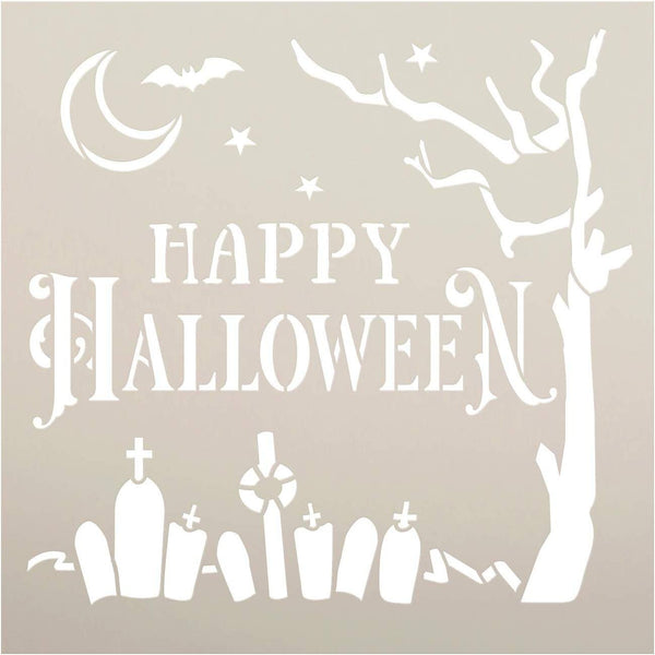 Happy Halloween Graveyard Stencil with Moon by StudioR12 | DIY Fall Home Decor | Paint Wood Signs | Reusable Template | Select Size