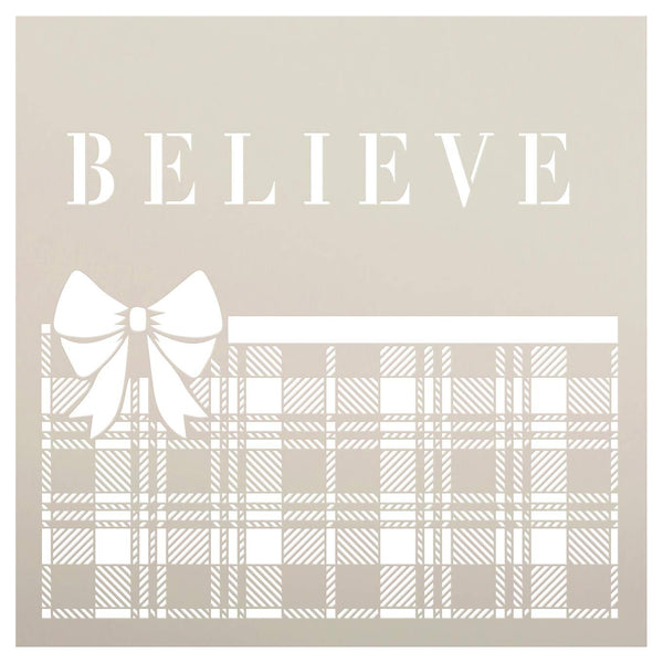 Believe Plaid Stencil with Bow by StudioR12 | Winter Christmas Holiday Decor Pattern Rustic Farmhouse | Reusable Mylar Template | Paint Wood Signs Chalk | DIY Home Crafting | Select Size