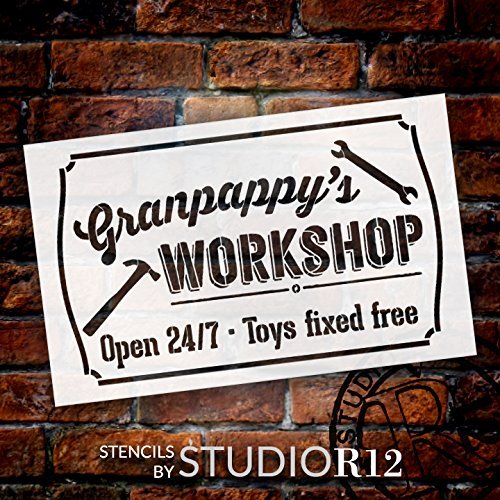 Granpappy's Workshop - Open 24/7 Sign Stencil by StudioR12 | Reusable Mylar Template | Use to Paint Wood Signs - Pallets - DIY Grandpa Gift - Select Size (9