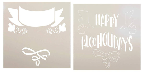 Happy Alcoholidays 2-Part Stencil with Banner by StudioR12 | DIY Fun Christmas Quote Home Decor | Embellished Holiday Word Art | Craft & Paint Wood Signs | Reusable Mylar Template | Size (9 x 9 inch)
