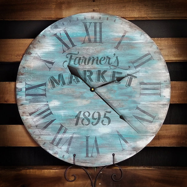 Round Clock Stencil Roman Numerals - Farmers Market Letters - DIY Painting Vintage Rustic Farmhouse Country Home Decor Walls - Select Size | STCL2426