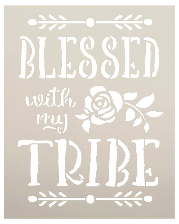 Blessed with My Tribe Stencil by StudioR12 | DIY Tribal Family Home Decor | Boho Flower Embellished Script Word Art | Craft & Paint Wood Signs | Reusable Mylar Template | Select Size