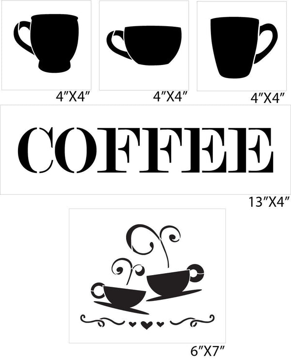 Word Coffee Stencil with Coffee Cup Set - 5 Piece by StudioR12 | Reusable Mylar Template | Use to Paint Wood Signs - Walls - Tables - DIY Kitchen Decor