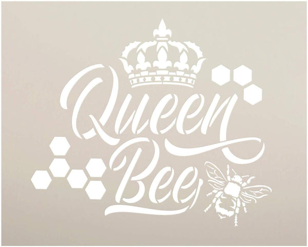 Queen Bee Stencil with Crown & Honeycomb by StudioR12 | DIY Farmhouse Script Home Decor | Cursive Country Word Art | Craft & Paint Wood Signs | Reusable Mylar Template | Select Size
