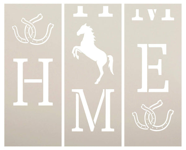 Home Tall Porch Stencil by StudioR12 | Rearing Horse & Horseshoes | 3 Piece | DIY Large Vertical Country Farmhouse Outdoor Decor | Craft & Paint Wood Leaner Signs | Reusable Mylar Template | Size 6ft