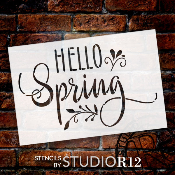 Embellished Hello Spring Stencil by StudioR12 | Craft DIY Spring Home Decor | Paint Seasonal Wood Sign | Reusable Mylar Template | Select Size | STCL6145