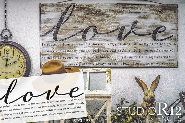 Love is Patient Stencil by StudioR12 | Reusable Mylar Template | Paint Wood Sign | Craft Wedding Faith Home Decor | DIY Simple Rustic Cursive Inspiration | Bible Verse Hope | 13