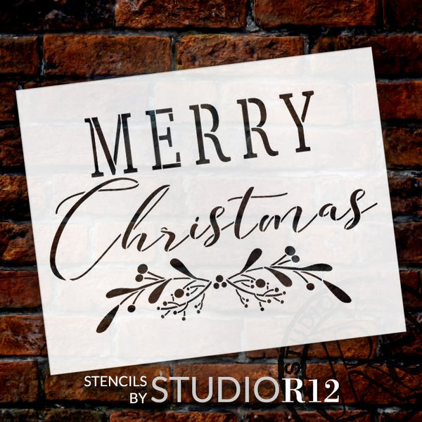 Merry Christmas Stencil by StudioR12 | DIY Cursive Script Mistletoe Home Decor Gift | Craft & Paint Wood Sign | Reusable Mylar Template | Select Size | STCL5116