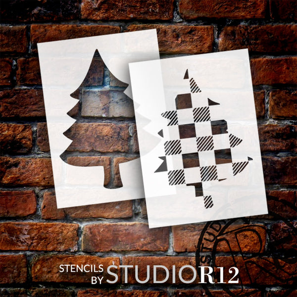 Buffalo Plaid Christmas Tree 2-Part Stencil by StudioR12 | Craft DIY Plaid Holiday Home Decor | Paint Wood Sign Reusable Mylar Template | Select Size | STCL5890