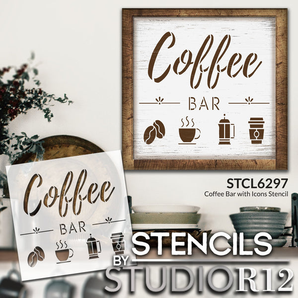 Coffee Bar with Icons Stencil by StudioR12 | Fun DIY Coffee, Tea, and Hot Cocoa Kitchen Decor | Cute Rustic Caffeine Lover Sign | Select Size | STCL6297