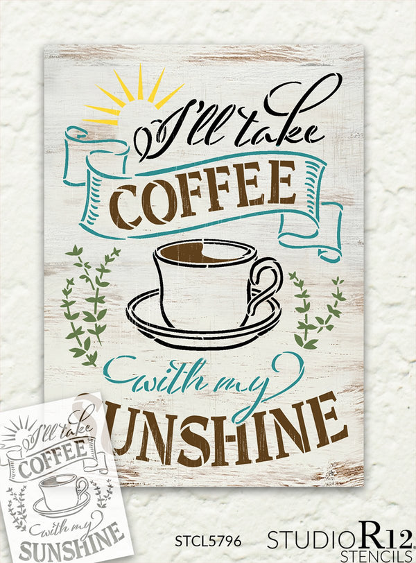 Coffee with My Sunshine Stencil by StudioR12 | Mug - Branches | Craft DIY Kitchen Cafe Home Decor | Paint Wood Sign | Reusable Mylar Template | Select Size | STCL5796