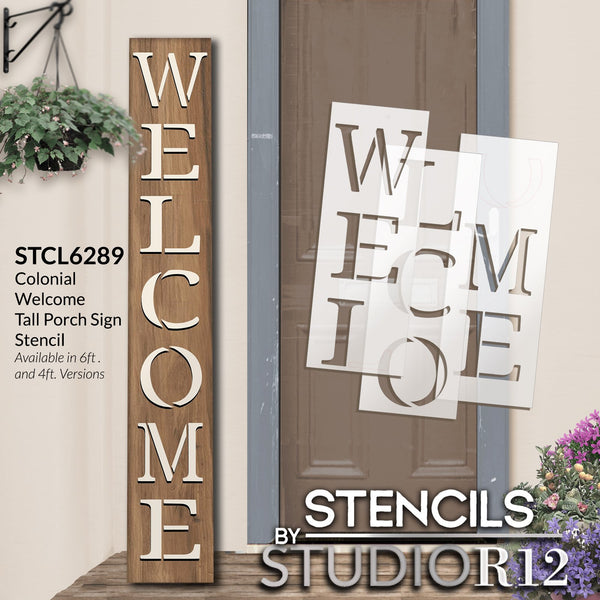Colonial Welcome Stencil by StudioR12 | DIY Outdoor Farmhouse Home Decor | Craft Vertical Wood Leaner Signs | Select Size | STCL6289