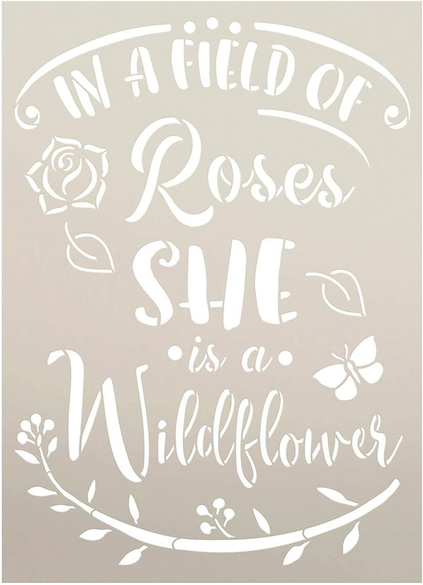 She is a Wildflower Stencil by StudioR12 | Reusable Mylar Template Paint Vertical Wood Sign | Craft DIY Home Decor Cursive Script Rose Gift Outdoor - Porch | Select Size