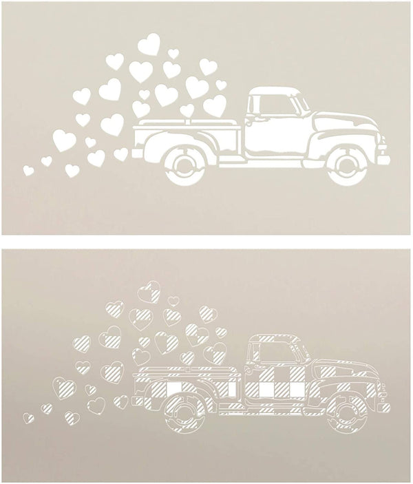 Valentine Truck Plaid 2-Part Stencil by StudioR12 | DIY Heart Home Decor Gift | Craft & Paint Wood Sign | Reusable Mylar Template | (21 x 12 INCHES)