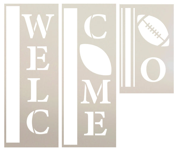 Welcome with Football Tall Porch Sign Stencil by StudioR12 - 4 ft - USA Made - DIY Fall Patio Decor | Craft & Paint Vertical Stripe Wood Porch Leaners | STCL6939