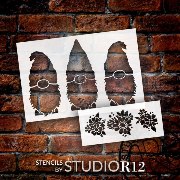 Spring Gnomes 2 Part Stencil Set with Flowers by StudioR12 | DIY Floral Fun Home Decor | Craft & Paint Wood Signs | Select Size | CMBN510