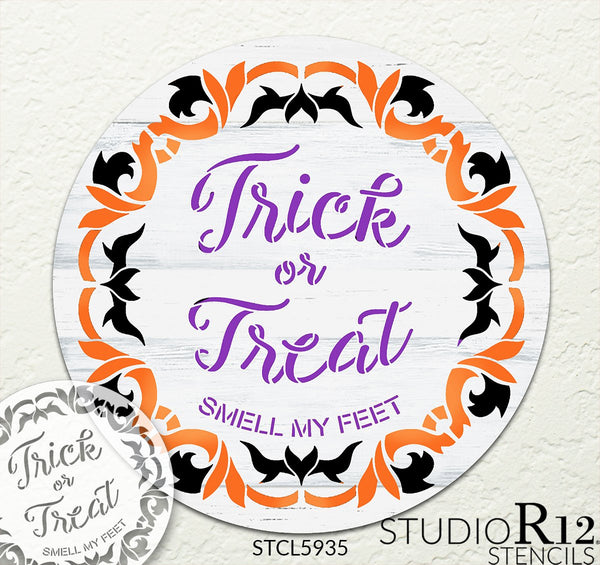 Trick or Treat Smell My Feet Round Stencil by StudioR12 | Craft DIY Fall Bat Wreath Home Decor | Paint Circular Halloween Wood Sign | Select Size | STCL5935