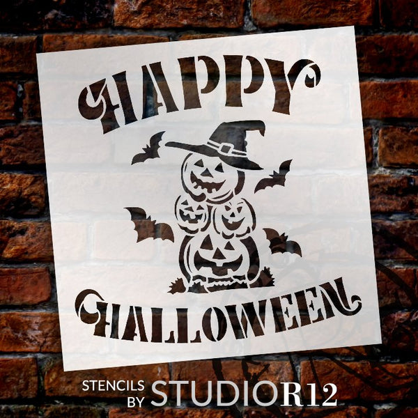Happy Halloween Stencil by StudioR12 | Pumpkin Witch Hat Bats | DIY Fall Home Decor | Craft & Paint Wood Sign | Reusable Mylar Template | Select Size | STCL5747