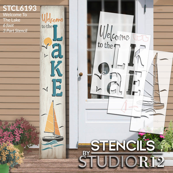 Welcome to The Lake Porch Sign Stencil by StudioR12 | DIY Outdoor Summer Home Decor | Craft & Paint Vertical Wood Leaners | Select Size | STCL6193