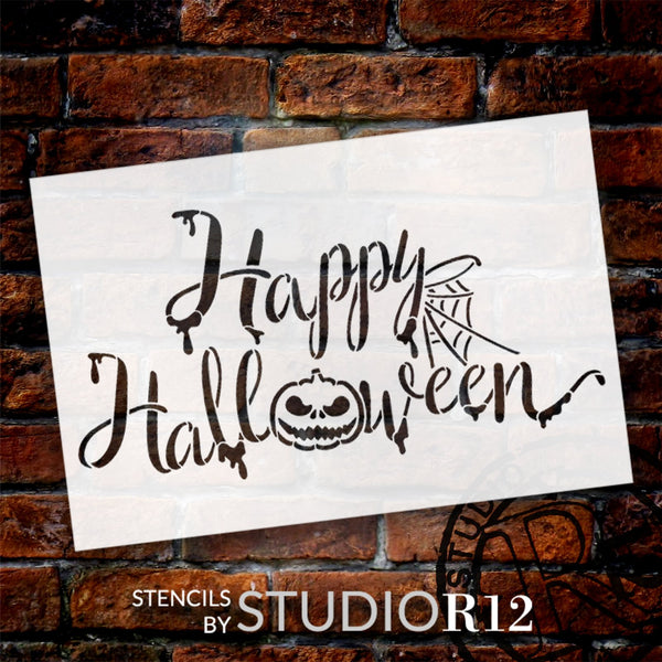 Script Happy Halloween Stencil with Jack-o-Lantern by StudioR12 | Craft DIY Halloween Decor | Pumpkin Carving | Paint Porch Wood Signs | Select Size | STCL6480