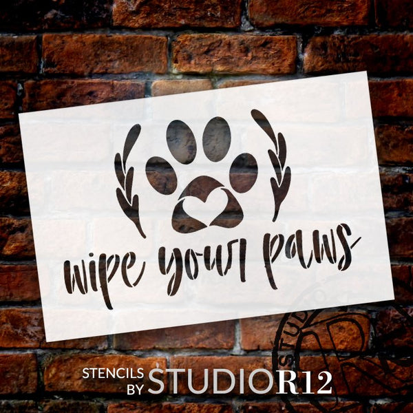 Wipe Your Paws Stencil with Laurels by StudioR12 | Paint DIY Farmhouse Doormat | Pet Lover Cursive Script Word Art | Select Size | STCL5533