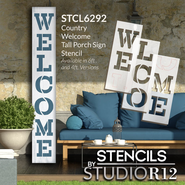 Country Welcome Stencil by StudioR12 | DIY Outdoor Farmhouse Home Decor | Craft Vertical Wood Leaner Signs | Select Size | STCL6292