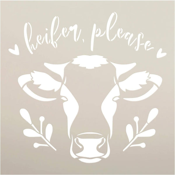 Heifer Please Stencil by StudioR12 | DIY Cow Country Farmhouse Home Decor | Craft & Paint Wood Sign | Reusable Mylar Template | Cursive Script Laurel Heart Gift Select Size
