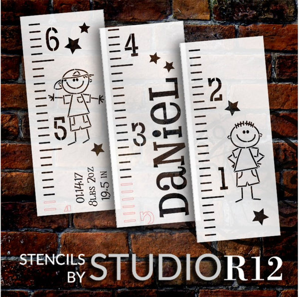 Personalized Boy Growth Chart Ruler 3-Part Stencil by StudioR12 | DIY Bedroom & Nursery Wall Decor | Craft & Paint Tall Wood Signs | Size 6 ft | PRST5652