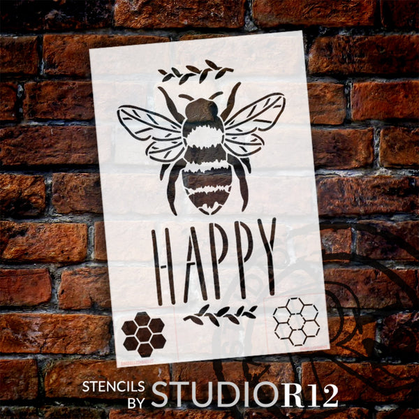 Bee Happy with Bee Stencil by StudioR12 | Craft DIY Spring Home Decor | Paint Inspirational Wood Sign | Reusable Mylar Template | Select Size | STCL6049