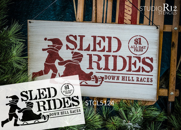 Sled Ride Down Hill Race Stencil by StudioR12 | DIY Winter Christmas Home Decor Gift | Craft & Paint Wood Sign | Reusable Mylar Template | Select Size