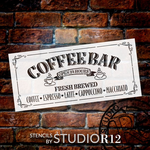 Fresh Brewed Coffee Bar Stencil with Coffee Cups by StudioR12 | DIY Vintage Farmhouse Home Decor | Craft & Paint Wood Signs | Size