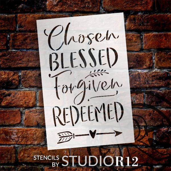Chosen Blessed Forgiven Redeemed Stencil by StudioR12 | Craft DIY Inspirational Home Decor | Paint Wood Sign | Reusable Mylar Template | Select Size | STCL6115
