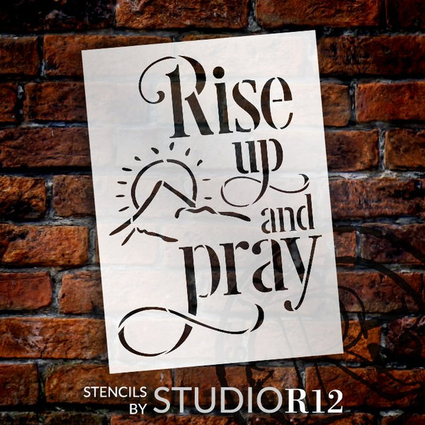 Rise Up and Pray Stencil with Mountain & Sun by StudioR12 | DIY Faith & Inspiration Home Decor | Paint Wood Signs | Select Size | STCL5380