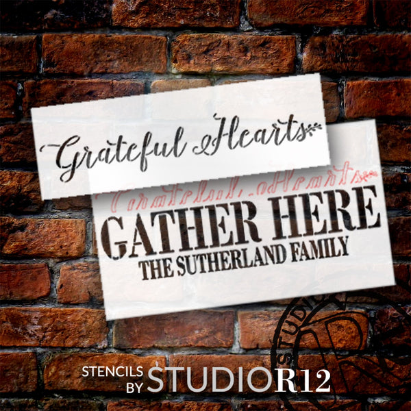 Personalized Grateful Hearts Gather Here Stencil by StudioR12 - Select Size - USA Made - Craft DIY Custom Kitchen & Dining Room Home Decor | Paint Family Wood Sign | Reusable Mylar Template | PRST6583