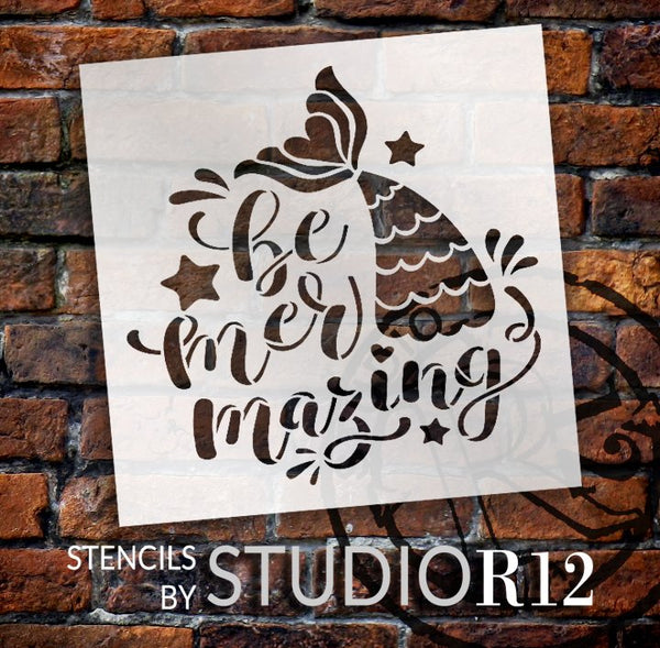 Be Mer-Mazing Stencil with Mermaid by StudioR12 | DIY Little Girl Bedroom Home Decor | Craft Ocean & Beach Wood Signs | Select Size | STCL5597